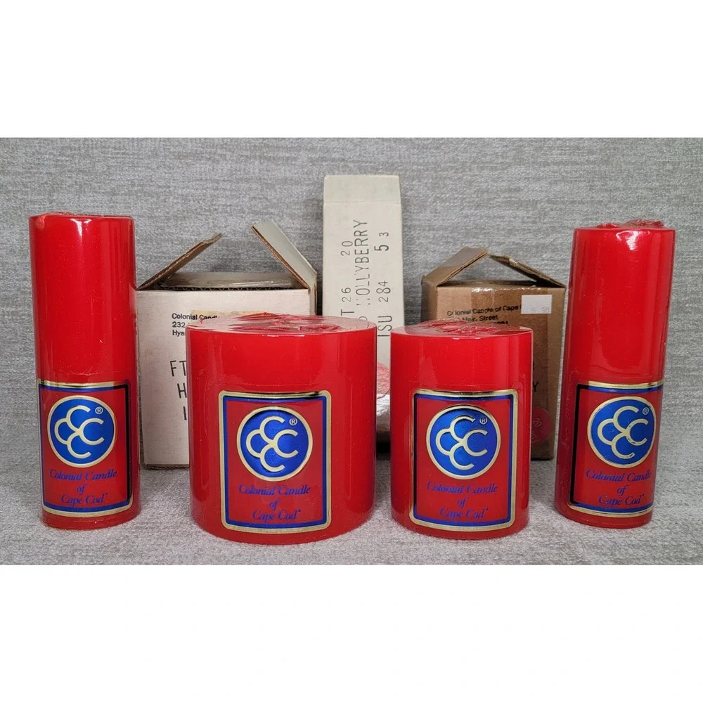 Vintage Colonial Candle of Cape Cod Hollyberry Red Pillar Candles Set of 4 USA